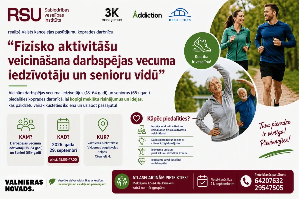 Koprades darbnīca “Fizisko aktivitāšu veicināšana strādājošo darbspējas vecuma iedzīvotāju un senioru vidū” - Valmieras novads