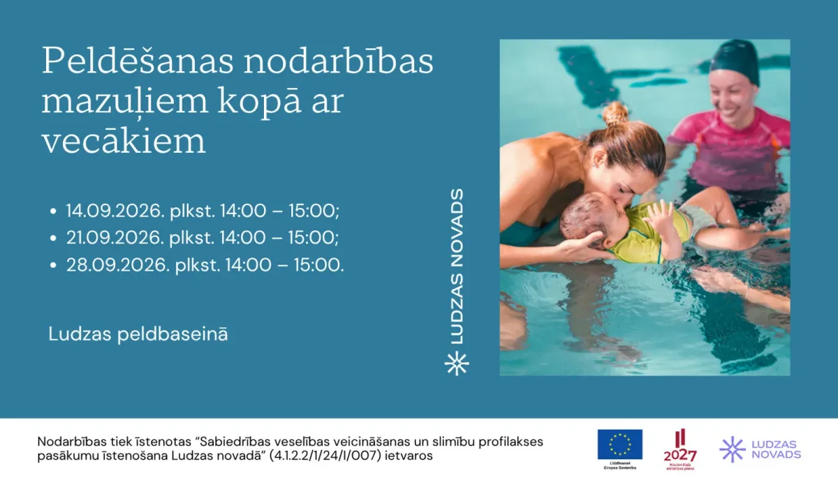Bezmaksas peldēšanas nodarbības mazuļiem kopā ar vecākiem